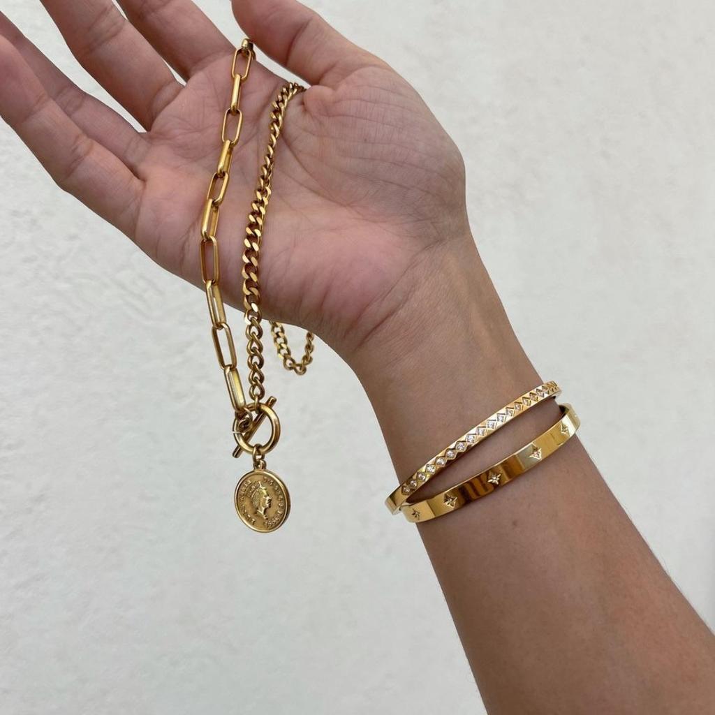 European and American 18K Gold-Plated Titanium Steel Stacking Bracelets with Zircon Detail