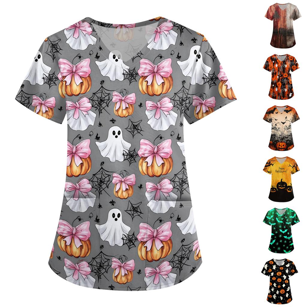Women's Halloween Print Loose Fit V Neck Short Sleeve Medical Scrub Top with Pockets for Healthcare Professionals Comfortable Workwear
