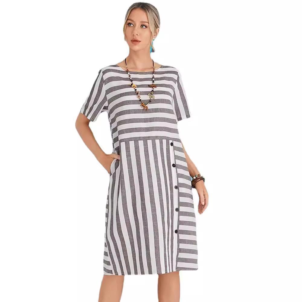 2023 Hot Style Striped Round Neck Short Sleeve Loose Plus Size Women's Dress