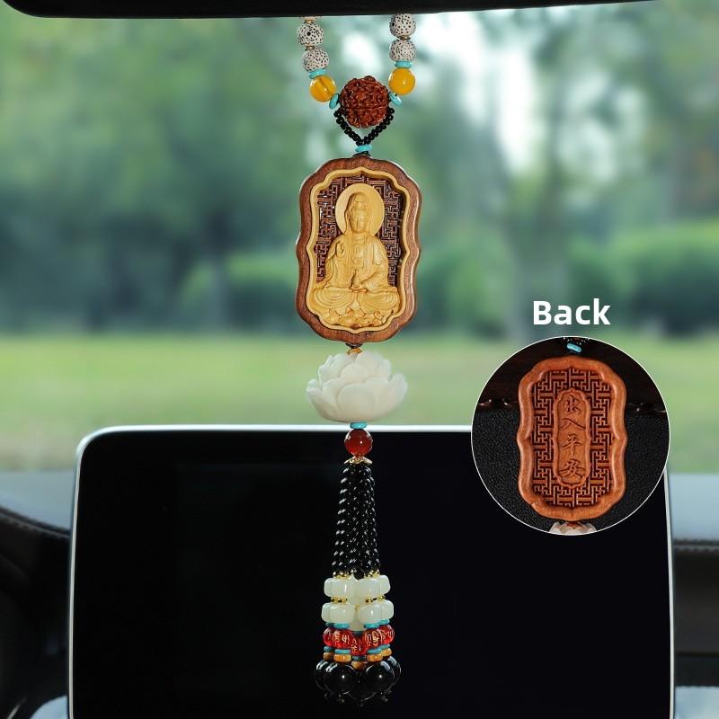 Traditional Car Pendant With Peach Wood Dragon And Lotus For Safe Driving