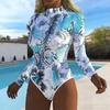 Women Long Sleeve One Piece Swimsuit Zip Front Ink and Wash Flowers Print Rash Guard Surfing Bathing Suit