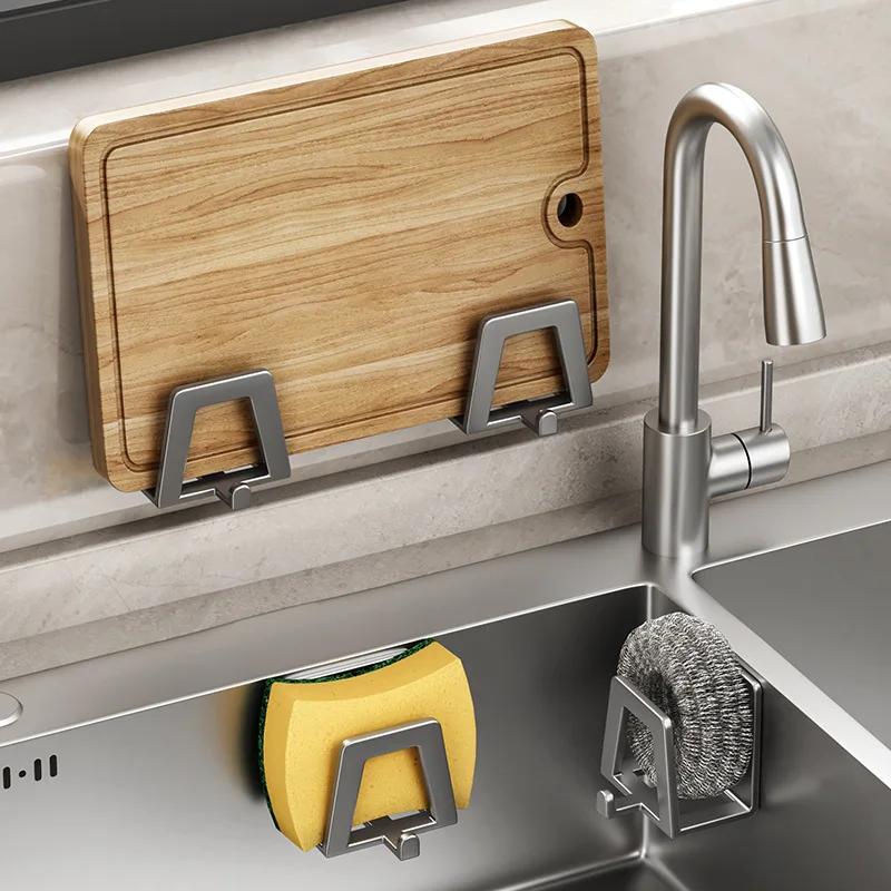 1 pc Stainless Steel Self Adhesive Sponge Holder for Sink Drain,Sponges Racks Shelf Kitchen Storage with Wall Hooks  Organizer