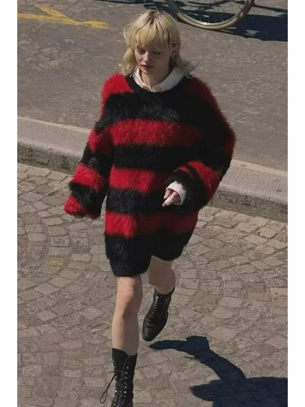 Red and Black Striped Seahorse Wool Men's Knitted Sweater - Winter Mink-Like Couple's Jacket