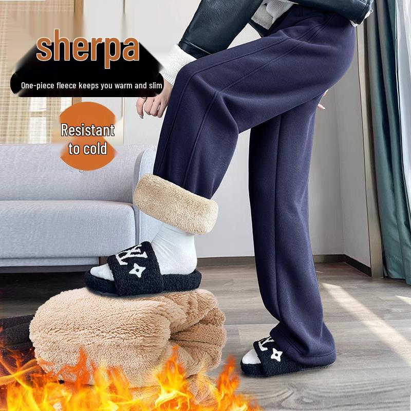 Women's Fleece-Lined Wide-Leg Pants - Autumn/Winter 2024 Lamb's Wool Straight-Leg Sportswear