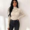 Top da donna a collo alto con maniche lunghe, pizzo colorato traforato, camicetta da stratificare