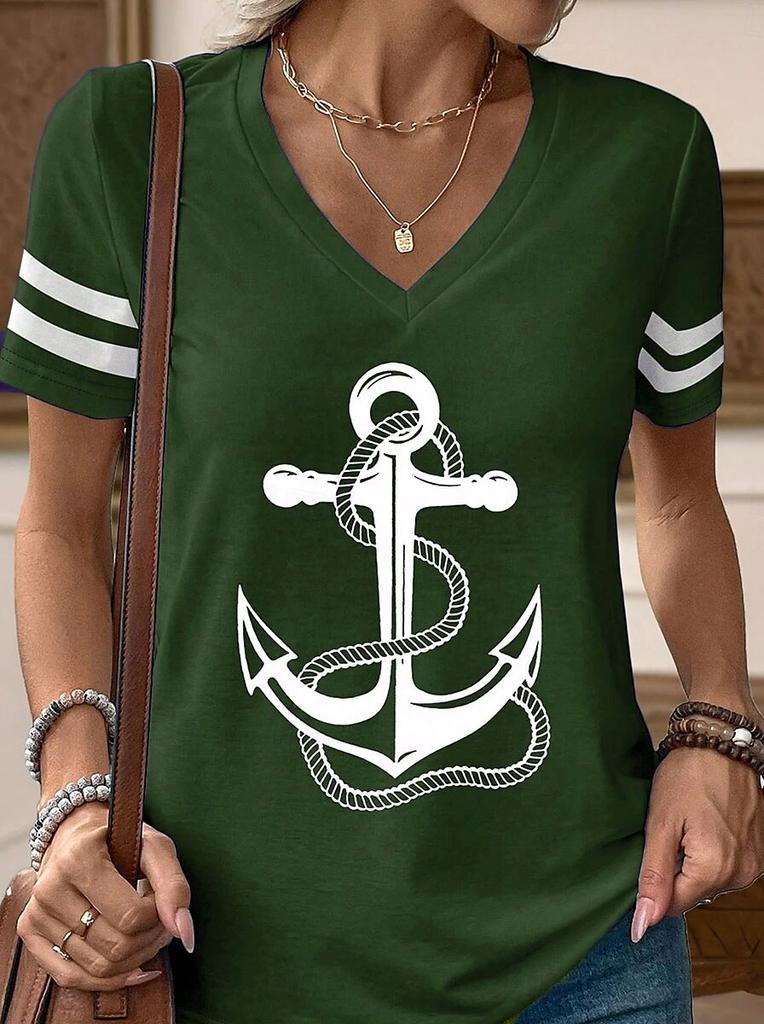 Graphic Striped Anchor 3D Print T-Shirts Women's V-Neck Short Sleeve T Shirt Y2K Oversized Tees Harajuku Tops Female Clothing