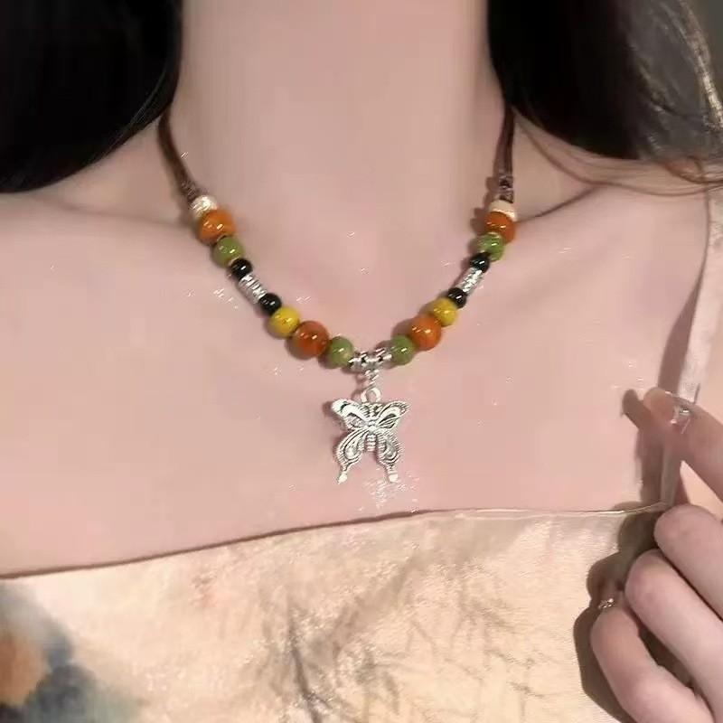 Black cat pink star beaded necklace female summer y2k hottie versatile accessories sweet cool collarbone chain