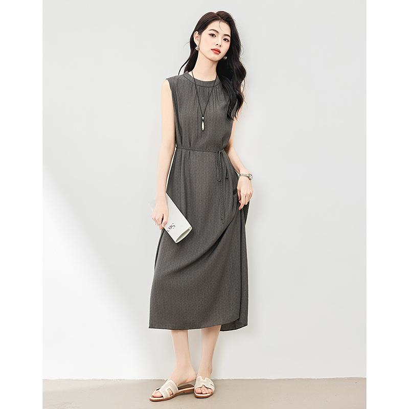 French Style Waist Cinching Slimming Mid Length Sleeveless Dress