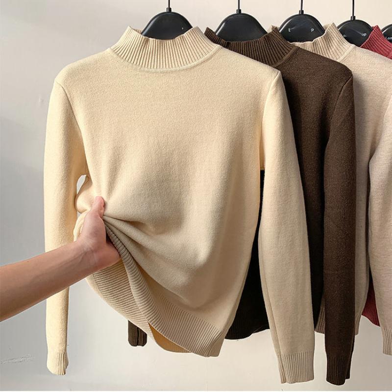 Slim Thicken Knitted Sweater Pullovers Woman Winter Sweater Casual Fleece Lined Warm Knitwear Tops