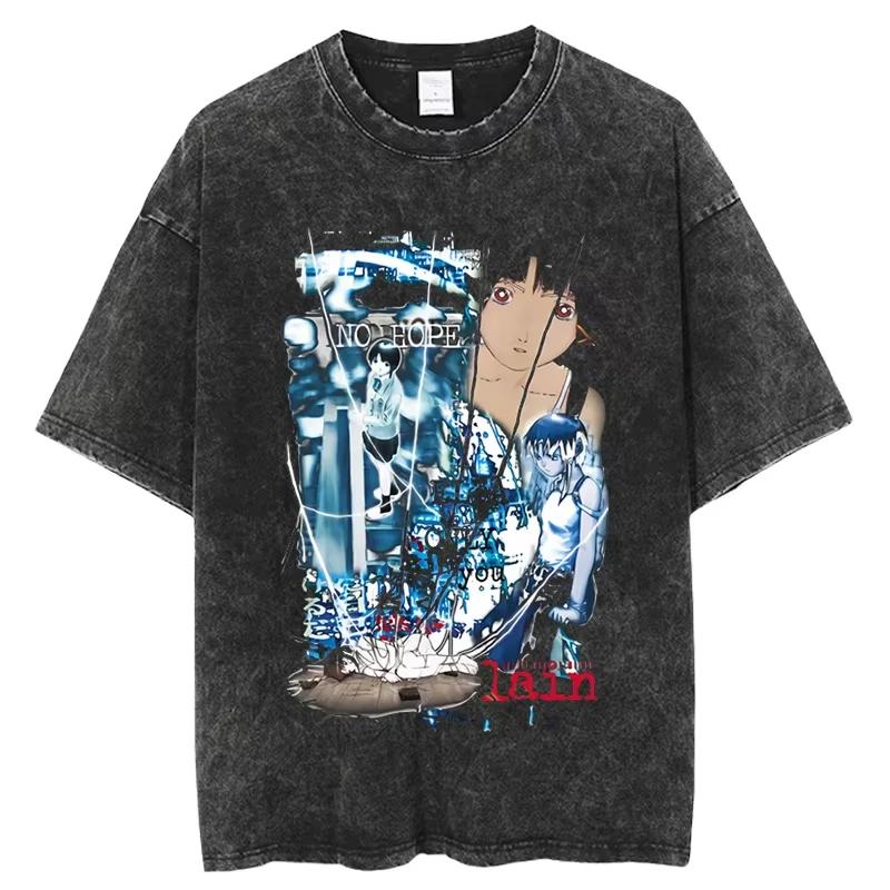 Serial Experiments Lain Iwakura Lain Vintage Washed T-Shirt Retro Oversized Tee Harajuku Streetwear Lässiges Baumwoll Top T-Shirt