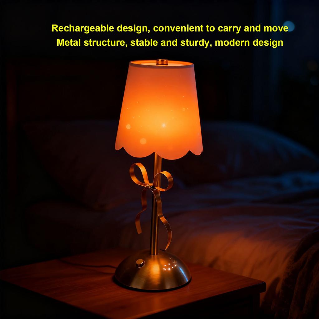 Fabric Shade Table Lamp Bow Table Lamp with Fabric Shade Cute Decorative Metal Rechargeable Cordless Bedside Lamp for Bedroom