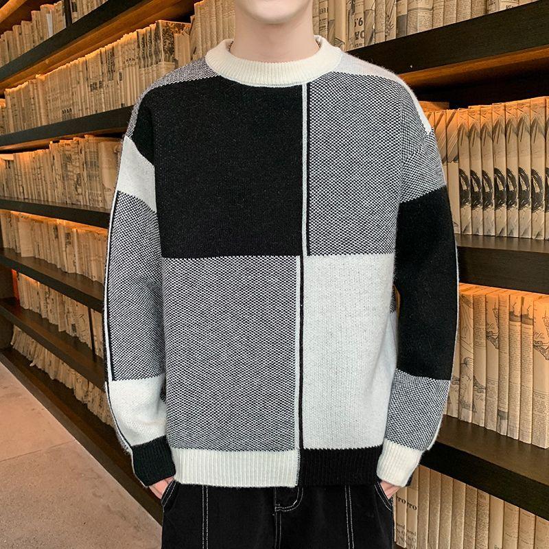 Autumn Winter New Fashion Temperament Patchwork Korean Sweaters Man Casual Loose Y2K Chic Male Tops Knitting Pullover Streetwear