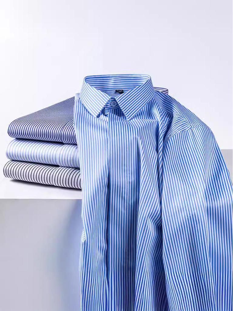 Men's 2024 Modal Striped Long Sleeve Stretch Shirt - Hidden Placket, Wrinkle-Resistant