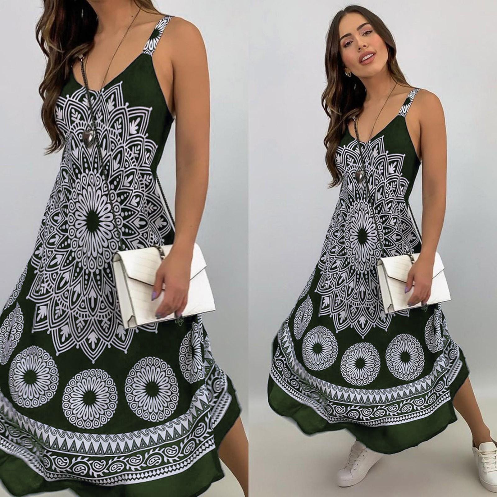 

Womens V Neck Vintage Print Long Boho Dress Lady Beach Summer Sundrss Maxi Dress XXL армія зелений колір
