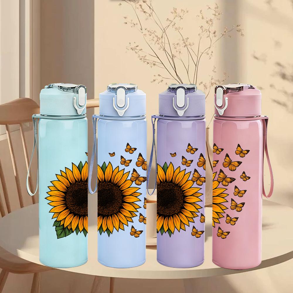 1PC Single Sunflower Bloom 750ml Color Plastic Sports Water Bottle Leakproof Flip Straw Lid For Sports Office Home Use