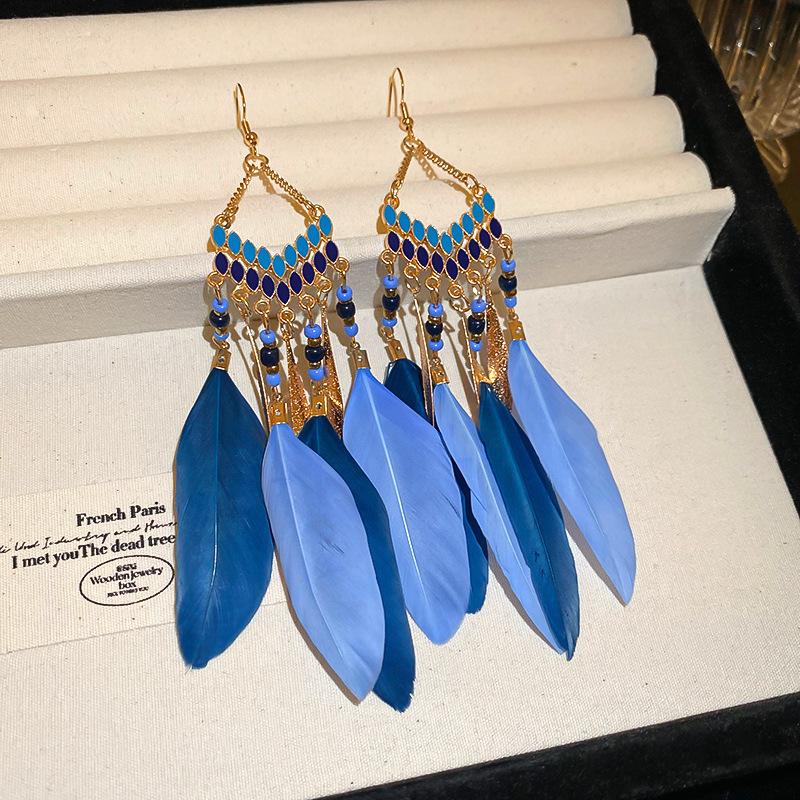 Bohemian Ethnic Style Feathers Fringed Earrings Ear Hooks Personalized Vacation Wind Ears