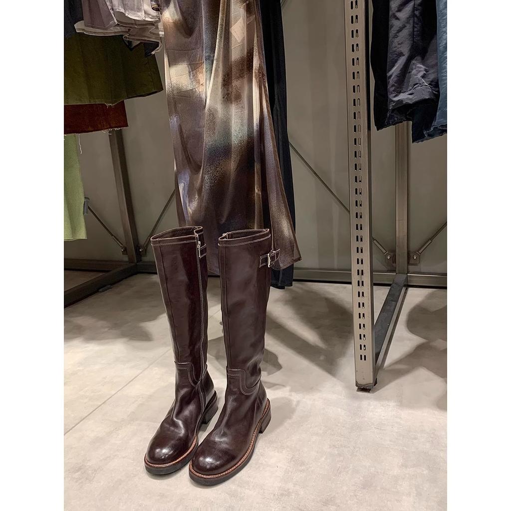 Long Tube But Not Knee High Boots for Women, 2026 Autumn and Winter New Round Toe Pleated Slimming Versatile Knight Boots