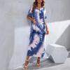 Women's Henley Neck Short Sleeve Maxi Dress Loose Tie Dye Dual Pocket Casual Lounge Long Dress