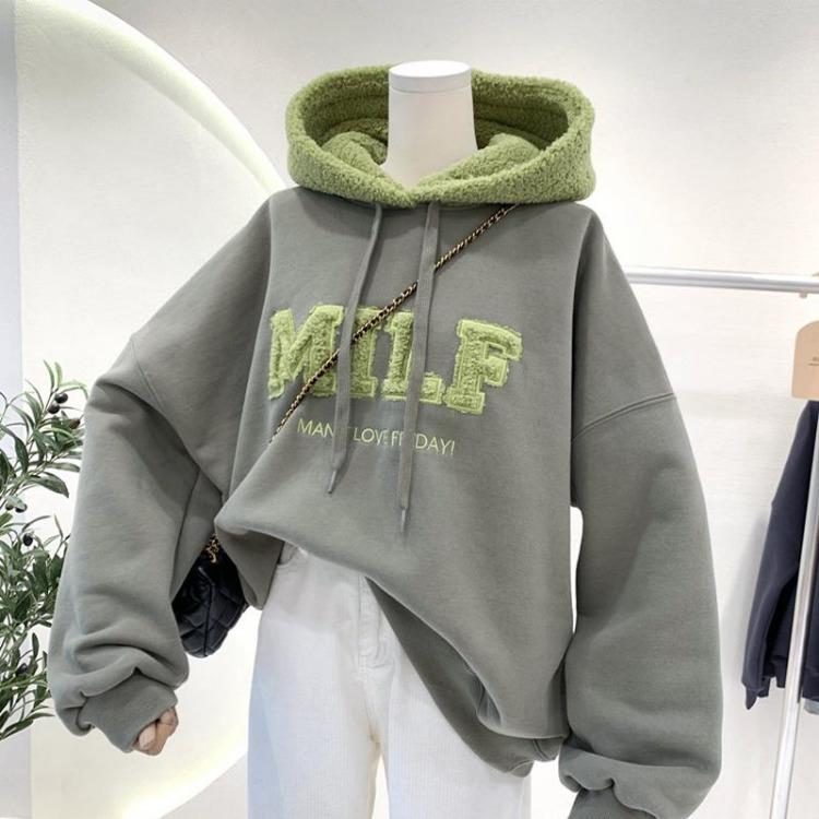 Thickened Padded Women's Loose Hooded Sweatshirt Faux Lamb Flannel Patchwork Clothing