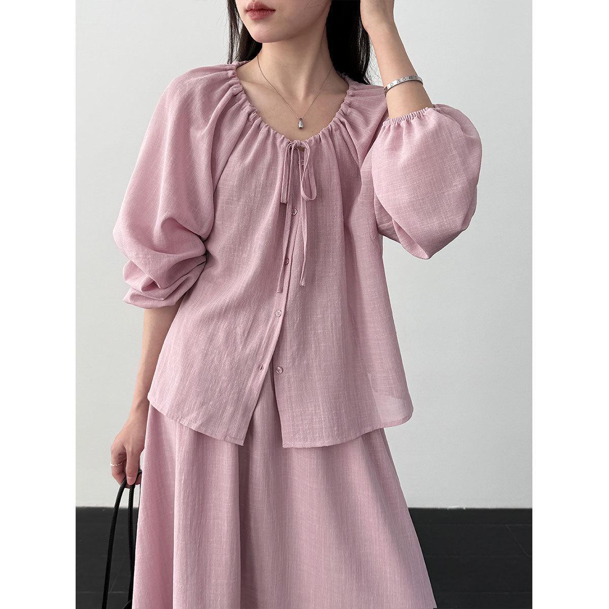 LUXI Korean Style Drawstring Top  Drapey A-line Skirt Set for Women - Spring 2026 Collection L персиково-розовый