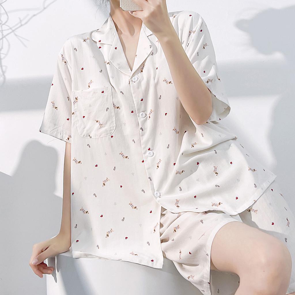 Anti-bumping cardigan pajamas women's summer short-sleeved shorts two-piece loungewear can be worn outside cotton ribbon chest pad set