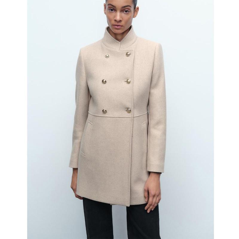 Fall and Winter New Women's Clothing Gold Button Decoration Wool Blend Double Breasted Stand Collar Coat Outwear 9037141