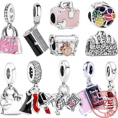 Trendy 925 Sterling Silver Pink Enamel Travel Bag Shopping Bag Beaded Charm Fits Fashion Snake Bracelet Jewelry Making Beads
