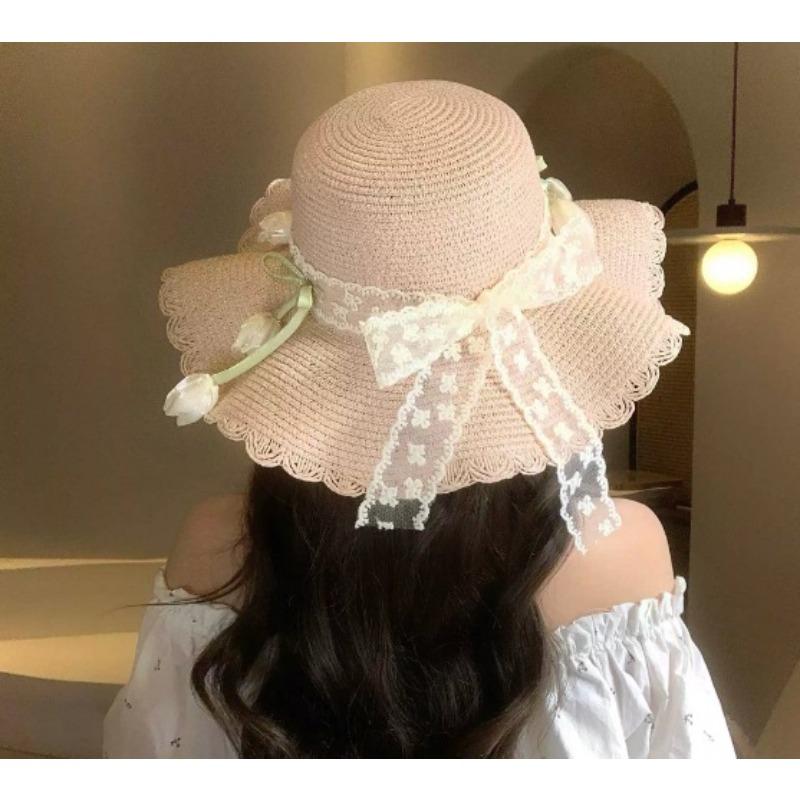 Big Brim Sun Hat Seaside Beach Idyllic Forest Bow Streamer Straw Hat Female Summer Flower Tulip