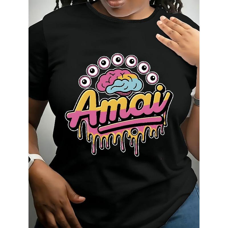 Plus Size - Women S Casual Crew Neck T-Shirt with  Amaa  Floral Brain Design - Short Sleeve, Slight Stretch, Geometric Pattern, S чёрный