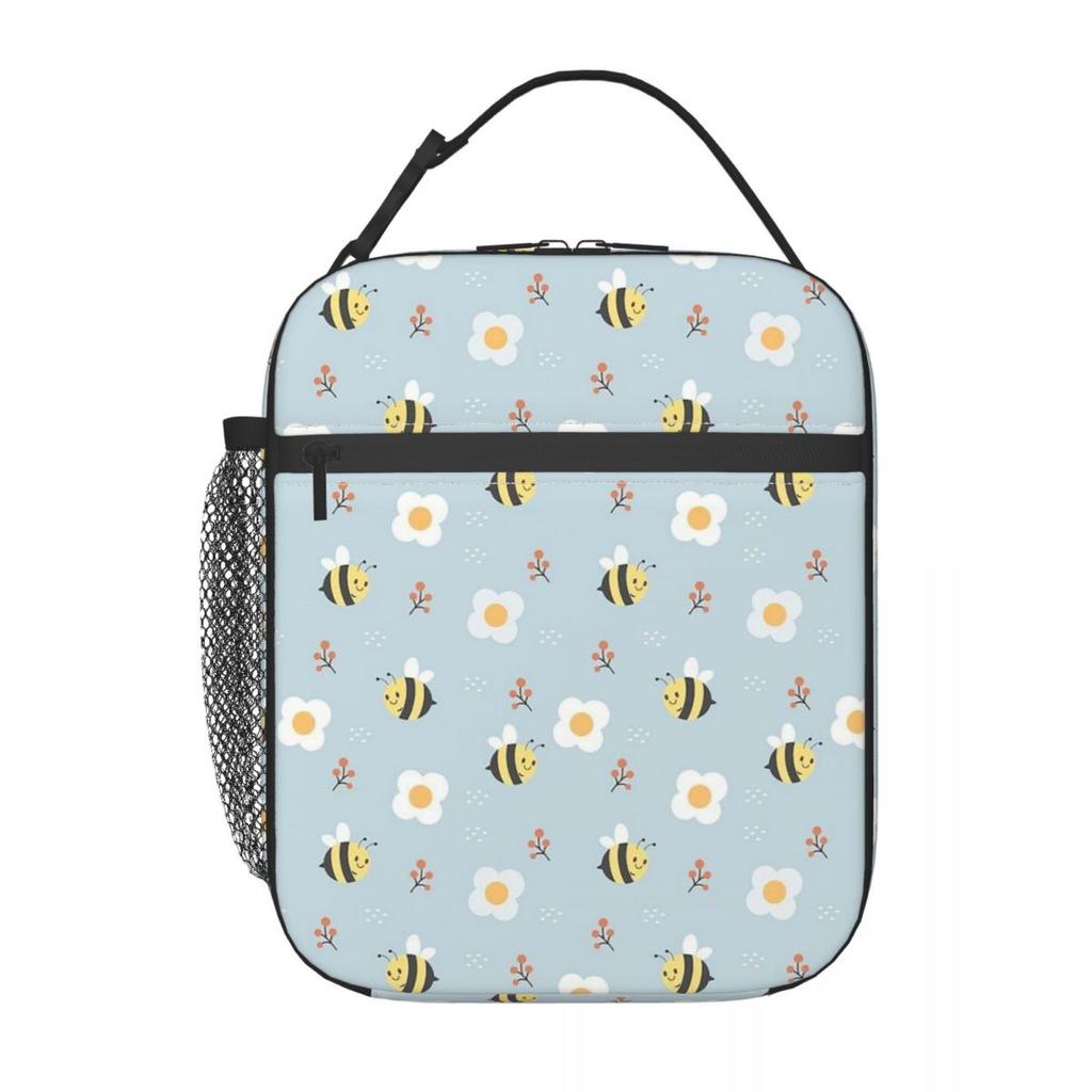 The Pattern Of Bees Picking Flowers Insulated Lunch Bag for Women Kids Portable Food Boxes Thermal Lunch Box Tote