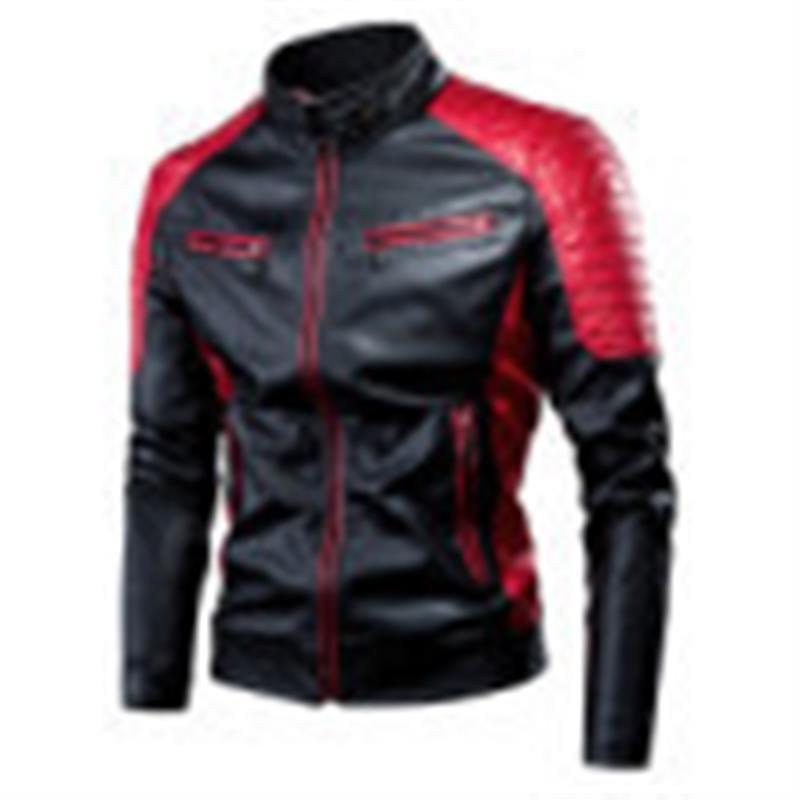 Mens PU Leather Biker Jacket With Stand Collar Retro Patchwork Design Warm Casual Outerwear Winter