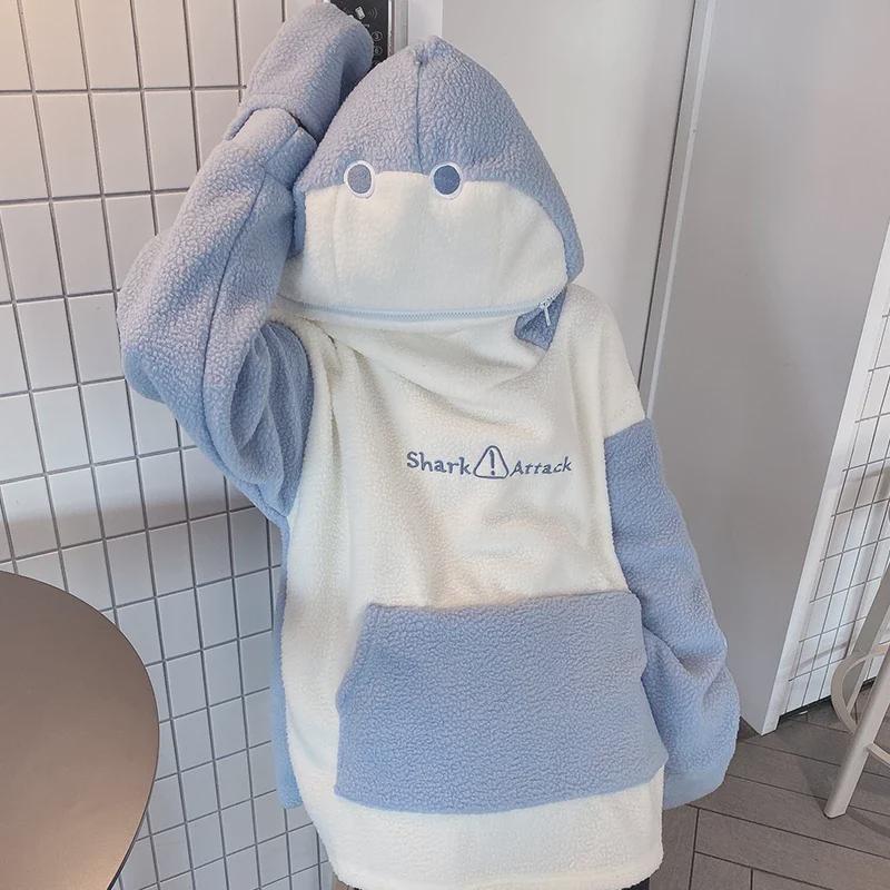 Women's Cute Shark Hooded Sweatshirt - Loose Fit, Korean Style, 2025 Autumn/Winter Lamb Wool