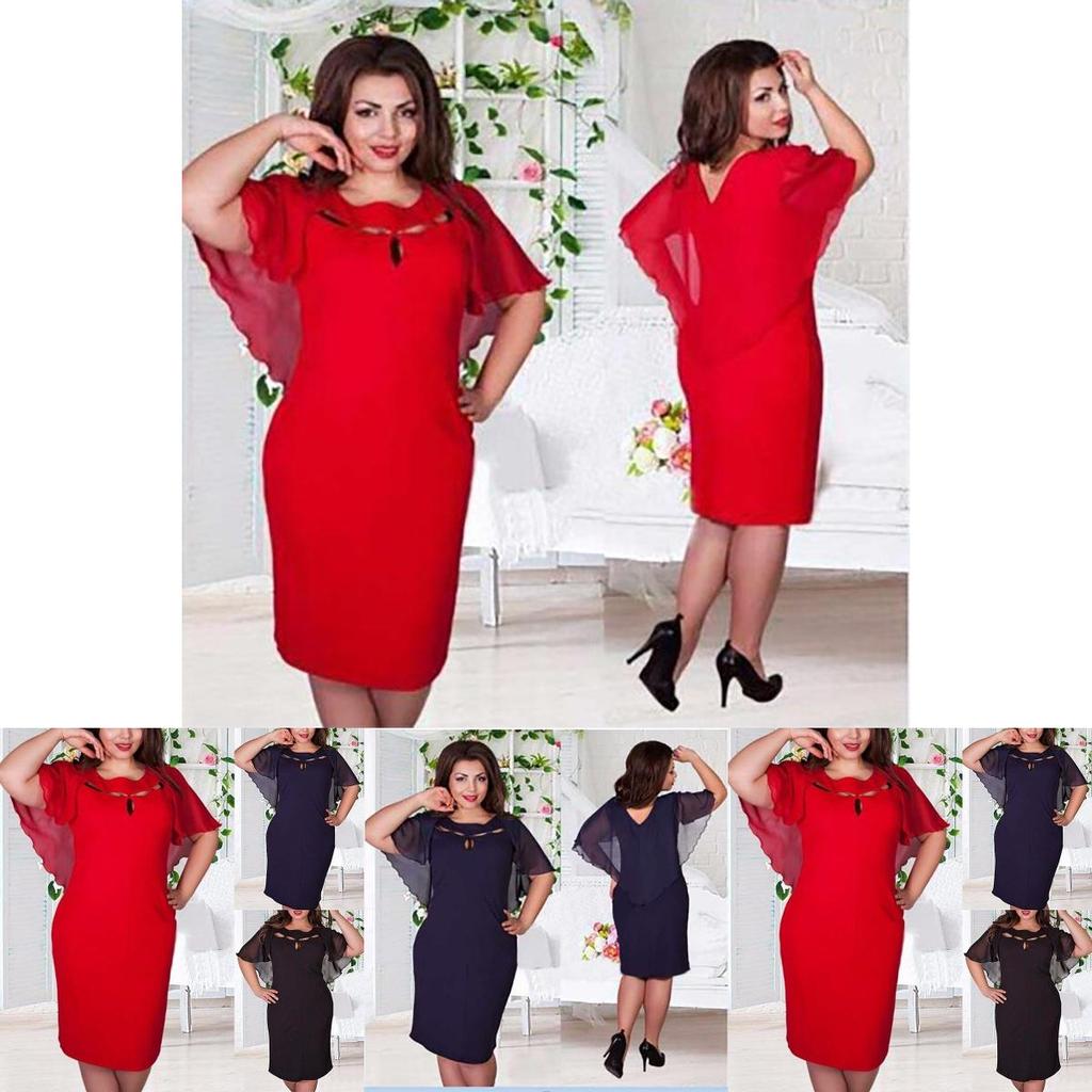 Damska Modna Sukienka Plus Size 6XL z Wycięciami, Krótkim Rękawem, Jednokolorowa, Dla Swobodnego Stylu**