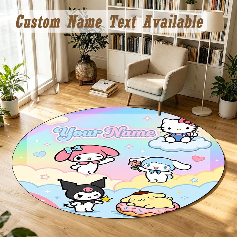 Hello Kitty Personalized Round Rug Support Custom Name, Soft Home Decor Mat