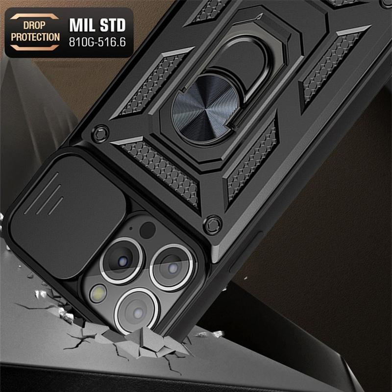 Armor Slide Camera Protection Phone Case For iPhone 13 12 11 Pro Max XR XS Max 6 7 8 Plus Ring Stand Holder Shockproof Cover