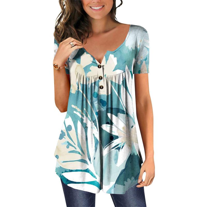 Summer Women's Short Sleeve Floral 3D Printed Buttons T Shirt Ladies Plus Size Top