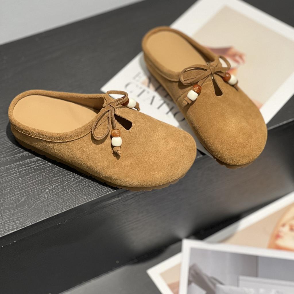 Leather thick-soled bag head, half slippers, women's outer wear, half support, autumn style, lace-up, non-slip for pregnant women, ugly and cute.