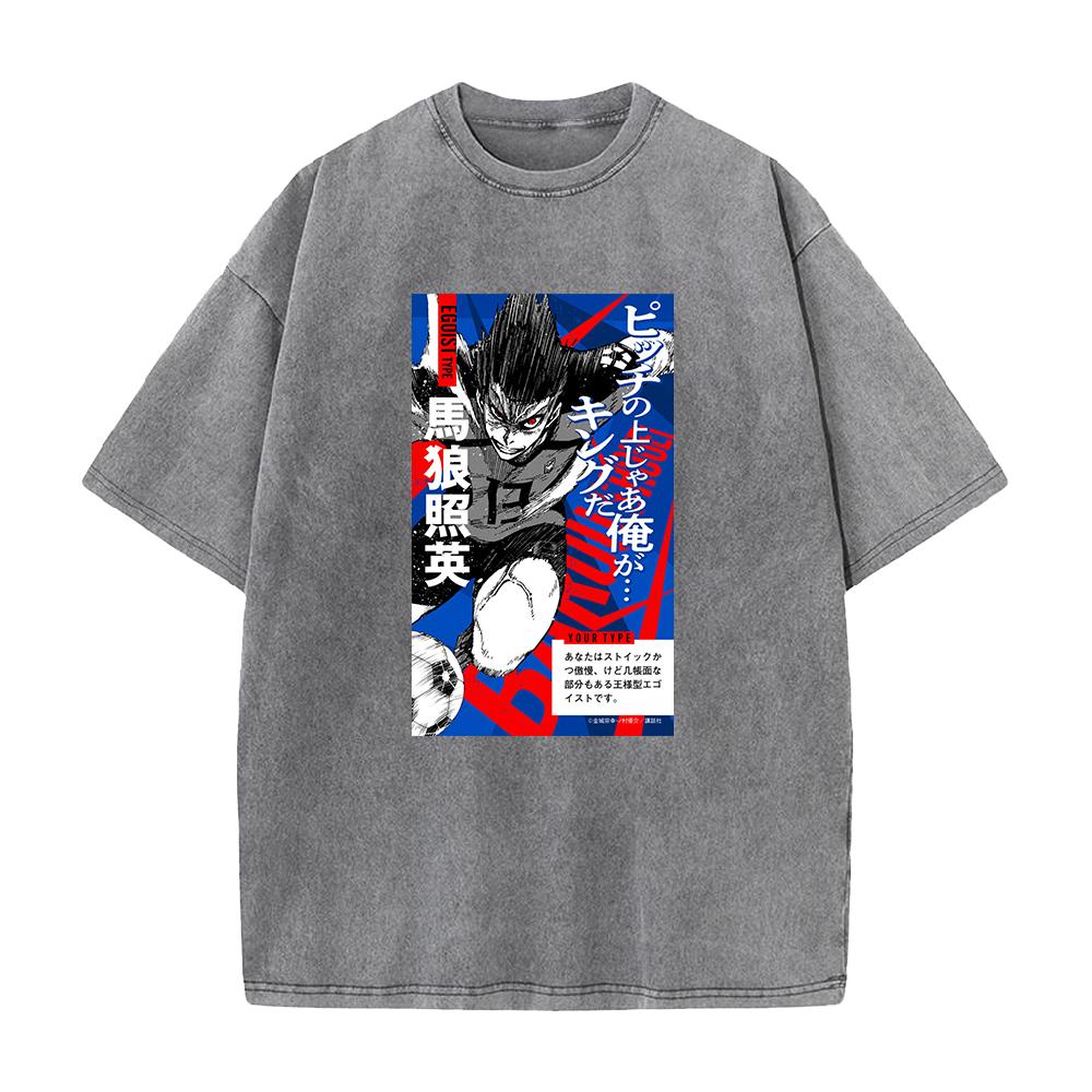 BLUE LOCK Anime Clothing Barou Shouei Printed Washed Tshirt Men Breathable Cotton T-shirts Manga Washed Tee Harajuku T Shirt