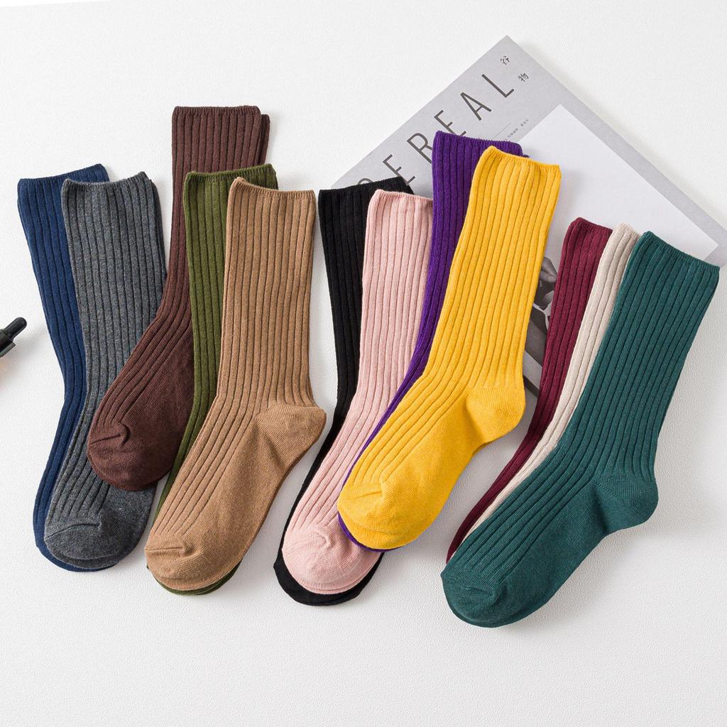 Autumn & Winter Women's Ribbed Cotton Mid-Calf Socks - Japanese Style, Solid Color, Double Needle.