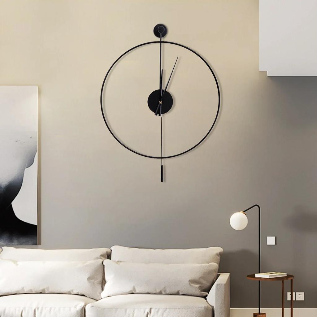 23.6in Classical Large Decorative Wall Clock with Pendulum,Modern Non-Ticking Silent Metal Wall Clocks for Living Room Low Noise