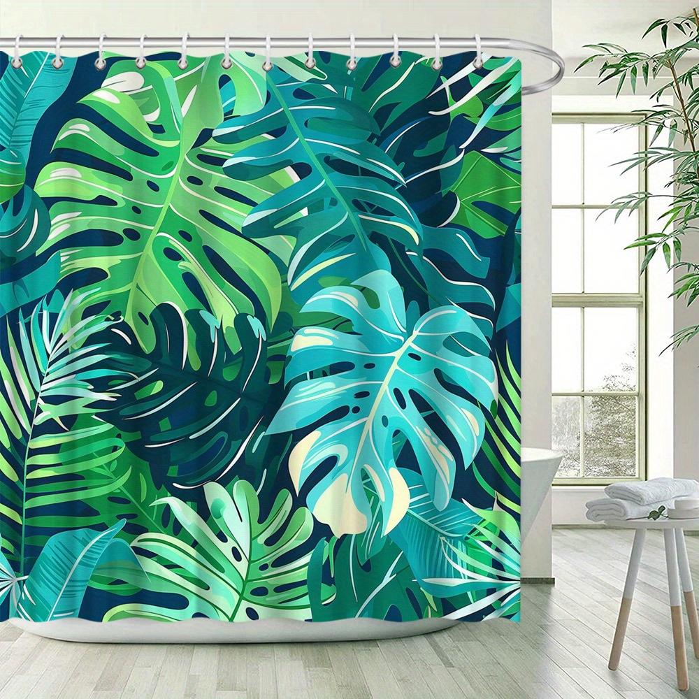 1Pc Tropical Monstera Leaf Shower Curtain - Lush Green Botanical Design, Modern Polyester Fabric, 12 Hooks, 70.8X70.8 Inches,