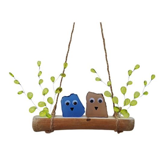 Colorful Sea Glass Bird Perch Handmade Sea Glass Birds on Branch Wall A