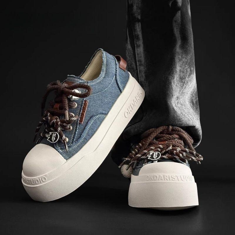 New Men's Denim Blue Chunky-Sole Sneakers Spring Fashion Versatile Oversized Canvas Shoes Niche Styles Couples' Pairs