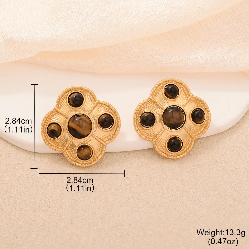 Maillard enamel color big flower stud earrings vintage copper plated medieval gold earrings tiger eye series texture earrings