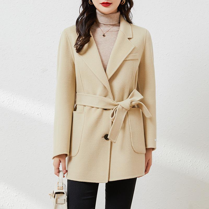 Autumn new wool coat women's fashion double-sided woolen coat lace-up medium and long coat coat