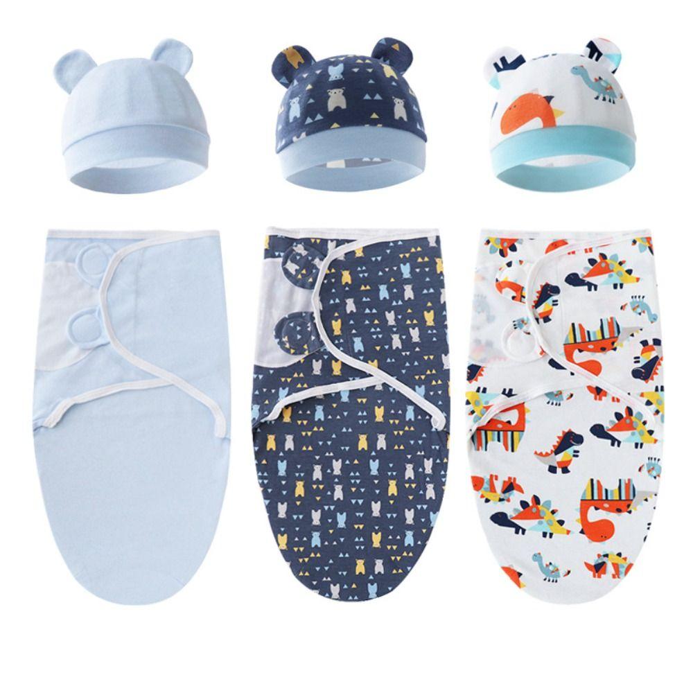 Cotton Newborn Swaddle Cartoon Printed Newborn Sleeping Bag High Quality Baby Blanket Hat Set