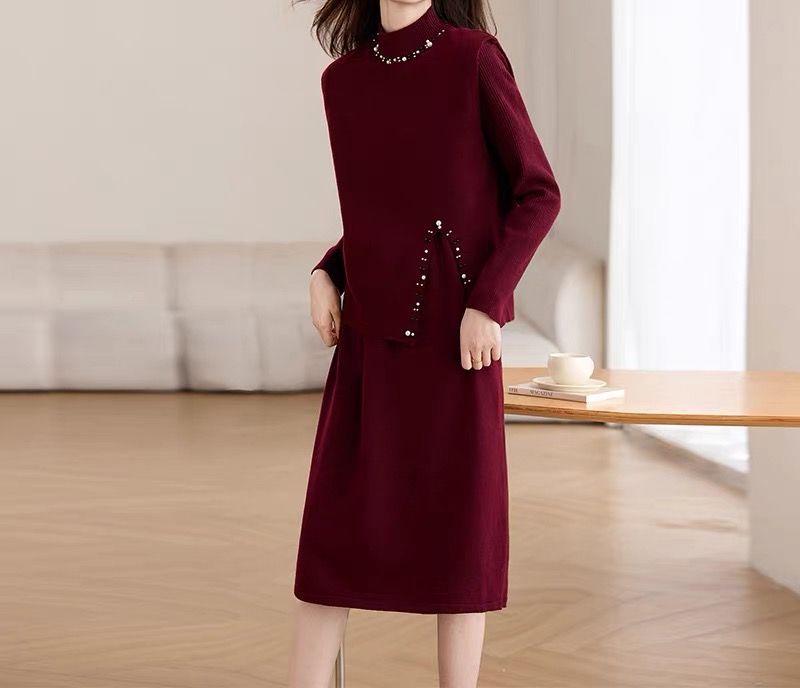 Beaded Knitted Two-Piece Mid-Length Dress - 2025 Autumn/Winter Korean Style