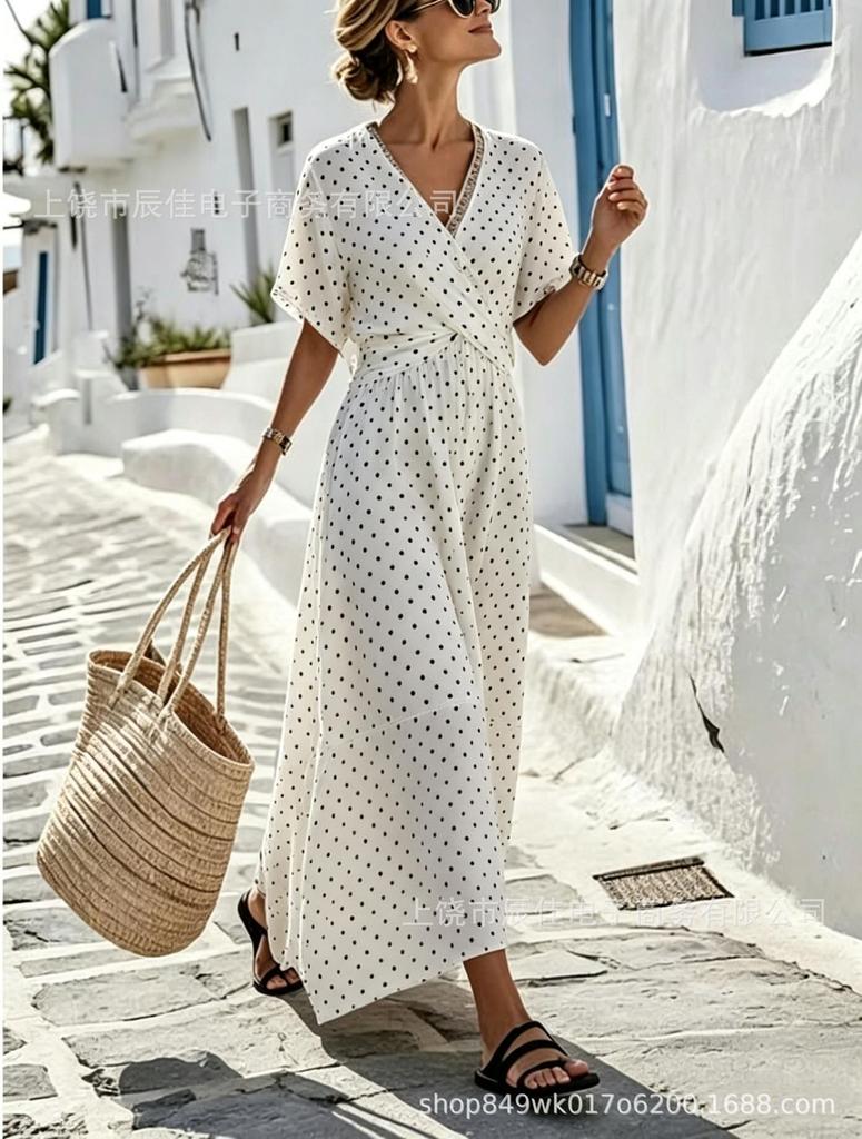 Holiday style seaside v-neck loose long dress summer new simple dress