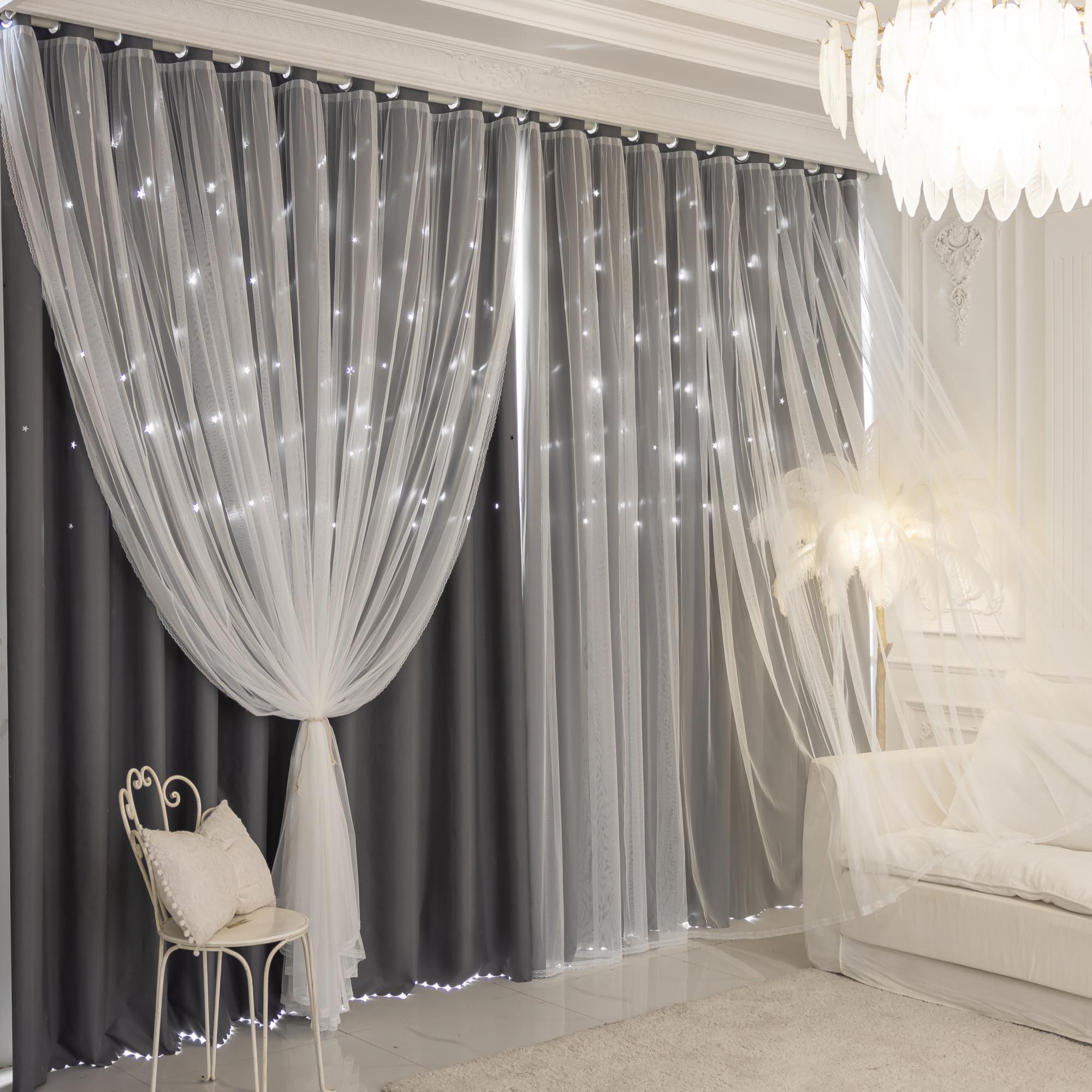 1 Stuk Verduisterende Gordijnen met Stervormige Uitsnijdingen en Doorzichtig Overgordijn Thermisch Geïsoleerd Privacybescherming voor Slaapkamer Woonkamer 1pc W100xL130cm&Velcro&1 panel grijs