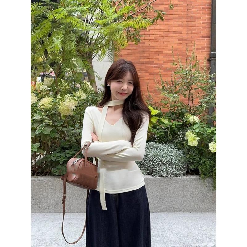 Beautiful Basic V-neck Long-sleeved T-shirt for Women Korean Design Waist Slimming Early Autumn Top and Bottoming Shirt